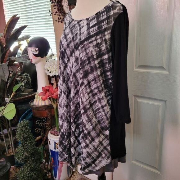 Logo Lori Goldstein Top Plus Size 1X 1XL Black White Gray Checks Checkered QVC - Picture 5 of 9